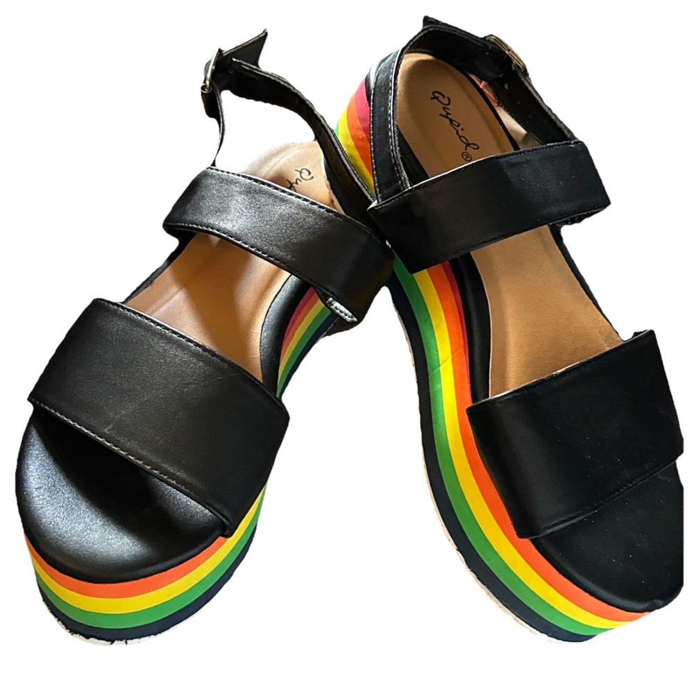 Cupid Platform Sandals Black Faux Leather Rainbow Pride Comfort Women's 9 EU 40